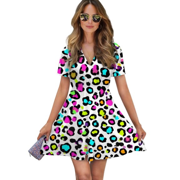 Colorful Leopard Print Pattern Women Dress V-Neck Short Sleeve Flowy Swing Party Midi Dress