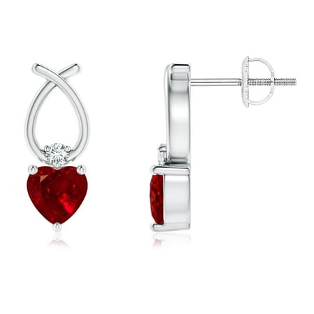 Heart Shaped Ruby Earrings - Holiday Sale - Heart Shaped Ruby Ribbon Earrings with Diamond in 14K White Gold (4mm Ruby) - SE0964RD-WG-AAAA-4