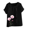 thumbnail image 4 of Lydiaunistar Hauts d'Été pour Femmes Blouse en Lin Décontractée Col Rond Polyester Mode Grande Taille Manches Courtes T-shirt à Boutons, 4 of 4