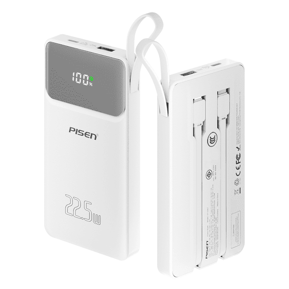 PISEN 3C Certified Power Bank - 10000mAh 22.5W Power Bank with Built in Cable, Travel Battery Pack Portable 3C Charger with LED Display, Portable Charger with Built in Cable for iPhone, Samsung