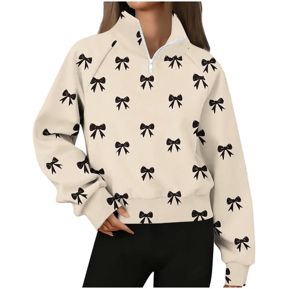 WRKEKC Womens Casual Daily Bow Print Long Sleeve Zip Neck Fashion Leisure No Hood Sweatshirt Top for Women Sweet Outfits with Playful Pattern