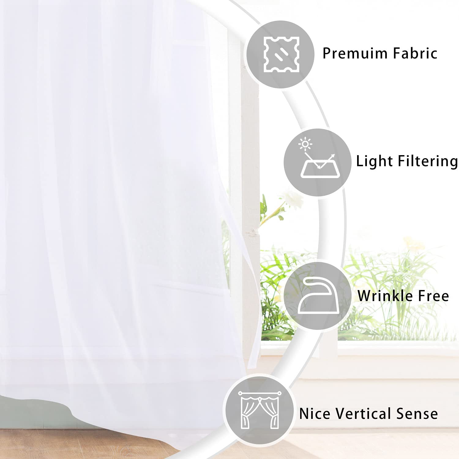 Hiasan White Sheer Curtains with Tiebacks-Light Filtering Contemporary Window Drapes for Living Room, Bedroom, Grommet, 42" x 96", Set of 2
