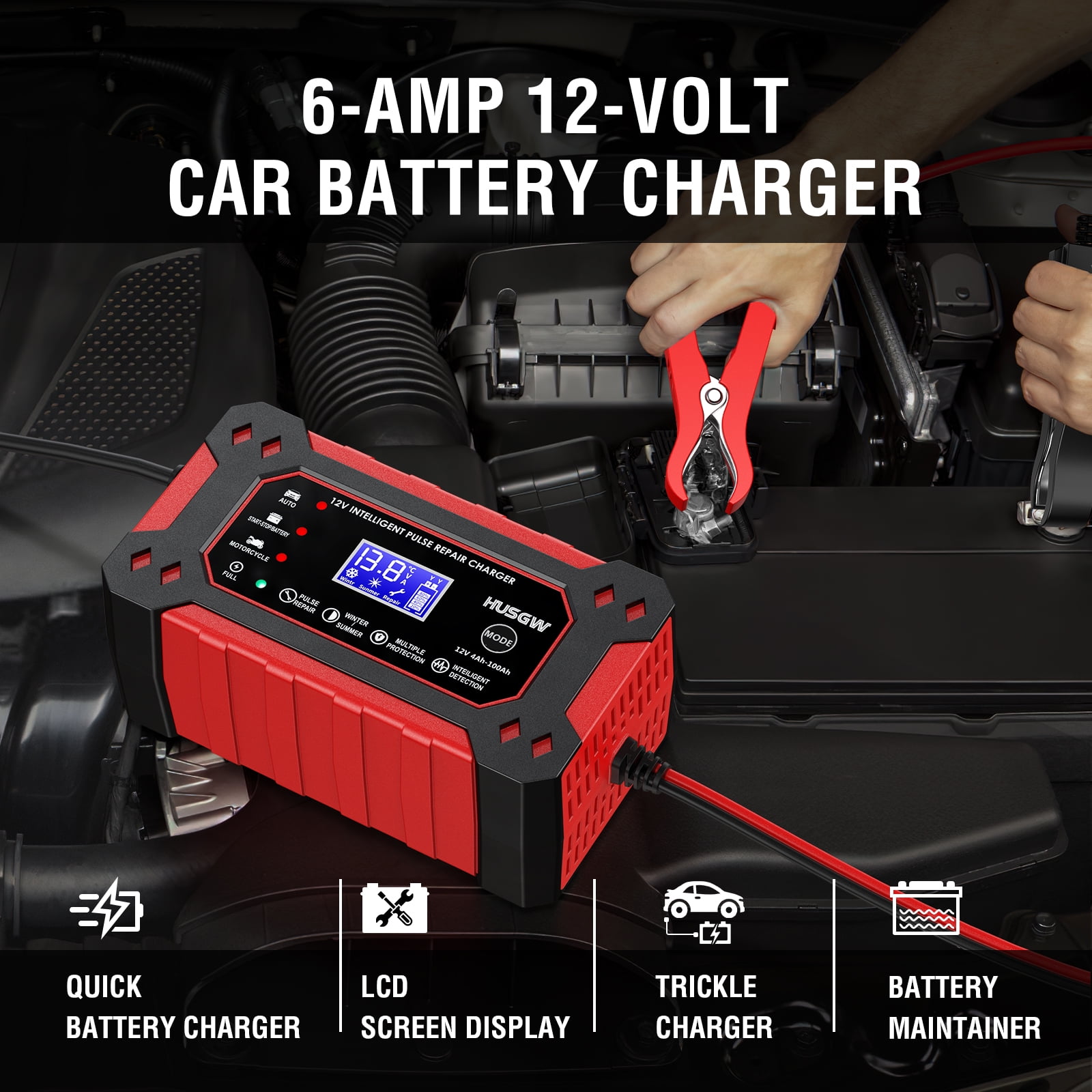 HUSGW 12V6A Car And Motorcycle Battery Charger Lead-Acid Battery Smart Charger Battery Repair Activation Charger