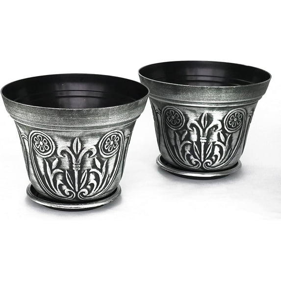 Large Medieval Plastic Flowerpots, Set of 2 Planter and 2 Saucers (4 Pieces) for Garden Patio Office Ornaments Home Decor Long Lasting Reusable Light Weight