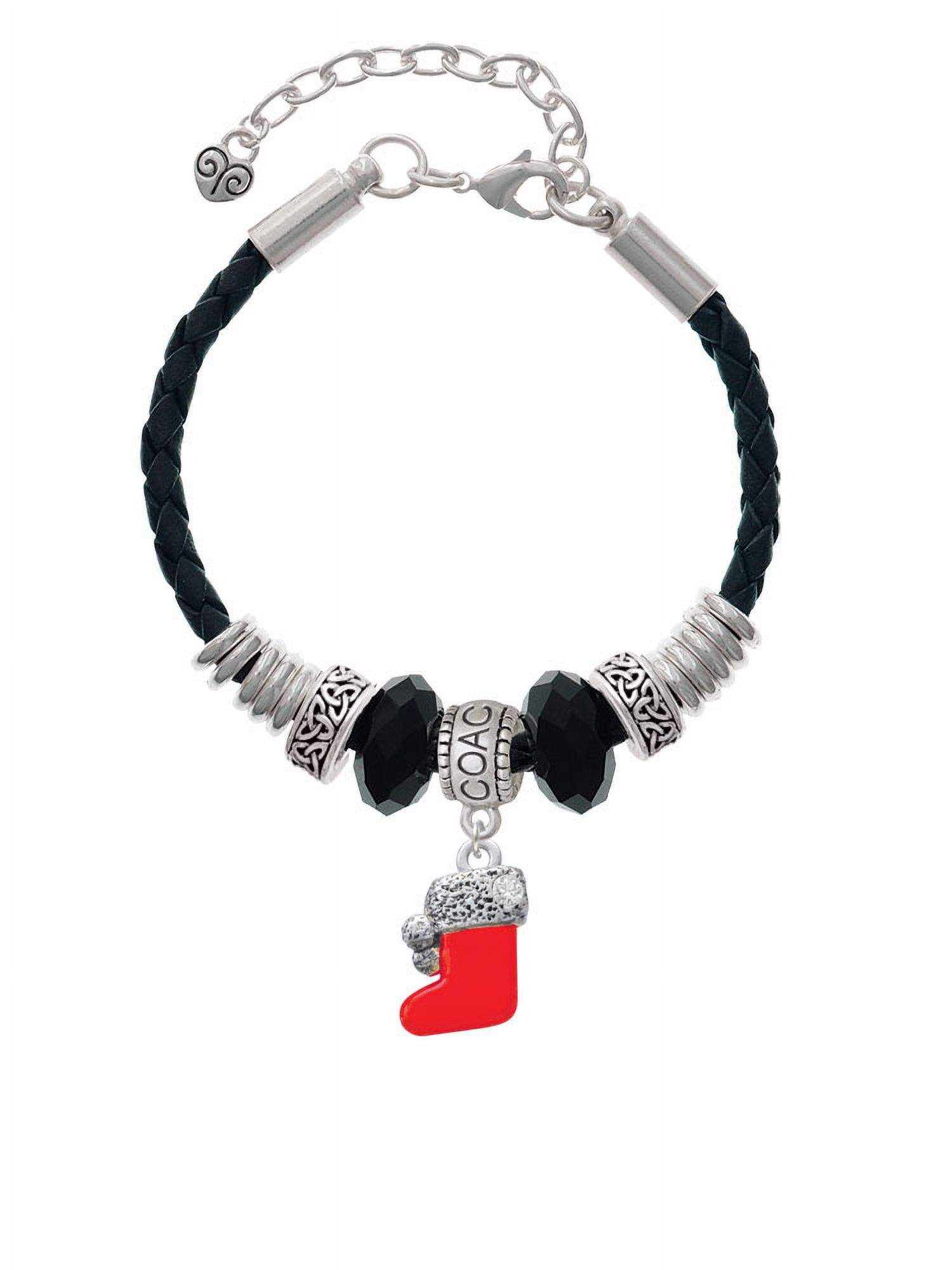 Delight Jewelry Silvertone 3-D Red Christmas Stocking Coach Celtic Knot Leather Bead Bracelet, 7"+2" Extender