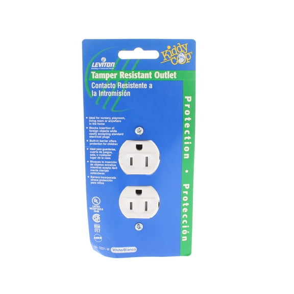 Leviton 5321-W Duplex Receptacle, Tamper Resistant Outlet, Push-in & Side Wired, Grounding, 15A 125V, Residential Grade, White
