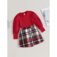 thumbnail image 2 of Kids Little Girls Christmas Outfits Plaid Skirt Set Lantern Sleeve Knit Top and Mini Skirt Sets Fall Party Clothes, 2 of 7