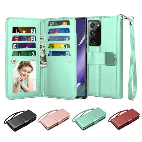 Galaxy Note 20 Ultra 5G Case Wallet, Njjex Luxury PU Leather Wallet Case Flip Folio Cover TPU Inner Magnetic Stand 9 Card Slots Wrist Strap for Galaxy Note 20 Ultra 5G -Turquiose