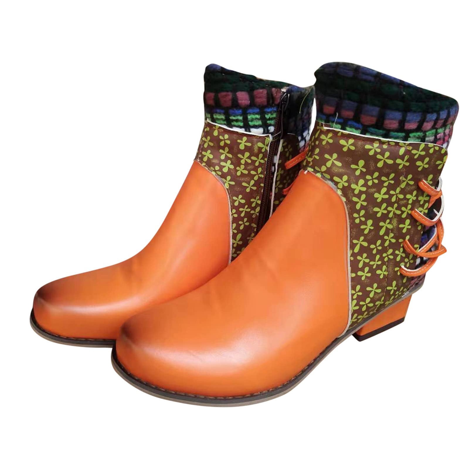Summer Saving Clearance AXXD Women's Vintage Splicing Round Toe Square Heel Boots Thick Heel Short Shoes Winter Boots for Women Clearance Orange Size 36(US:5.5)