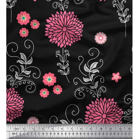 Soimoi Cotton Duck Fabric Leaves & Aster Flower Print Sewing Fabric Yard 42 Inch Wide