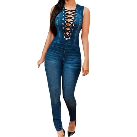 Sleeveelss Women Sexy Lace-up Sexy Skinny Long Denim Jumpsuit