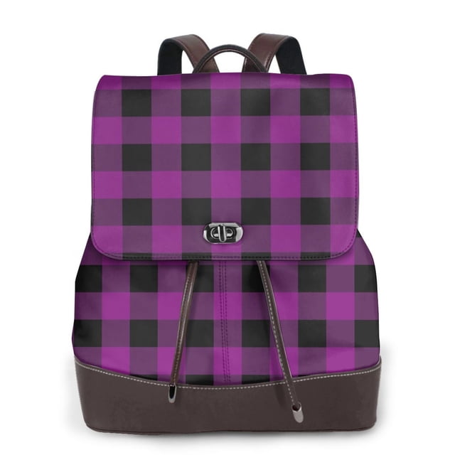 Balery Purple Black Plaid Mochila de Cuero para Mujeres, Gran Capacidad, Bolsa de Viaje Multifuncional, Mochila de Cuero y Bolsa de Hombro para Mujeres