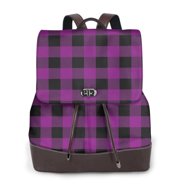 Disketp Purple Black Plaid Mochila de Cuero para Mujer, Bolso de Espalda Antirrobo con Estilo para Viaje, Trabajo y Uso Diario