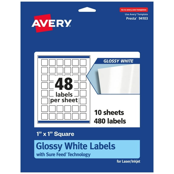 Avery Glossy White Square Labels, 1" x 1", 480 Total