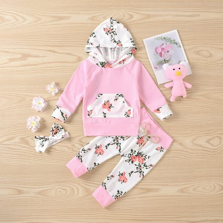

BadyminCSL Newborn Infant Baby Boys Girls Print Hooded Sweartshirt+Pants+Hairband Outfits