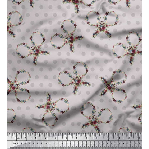 Soimoi Gray Rayon Fabric Floral Scissor & Dots Print Fabric by Yard 42 Inch Wide