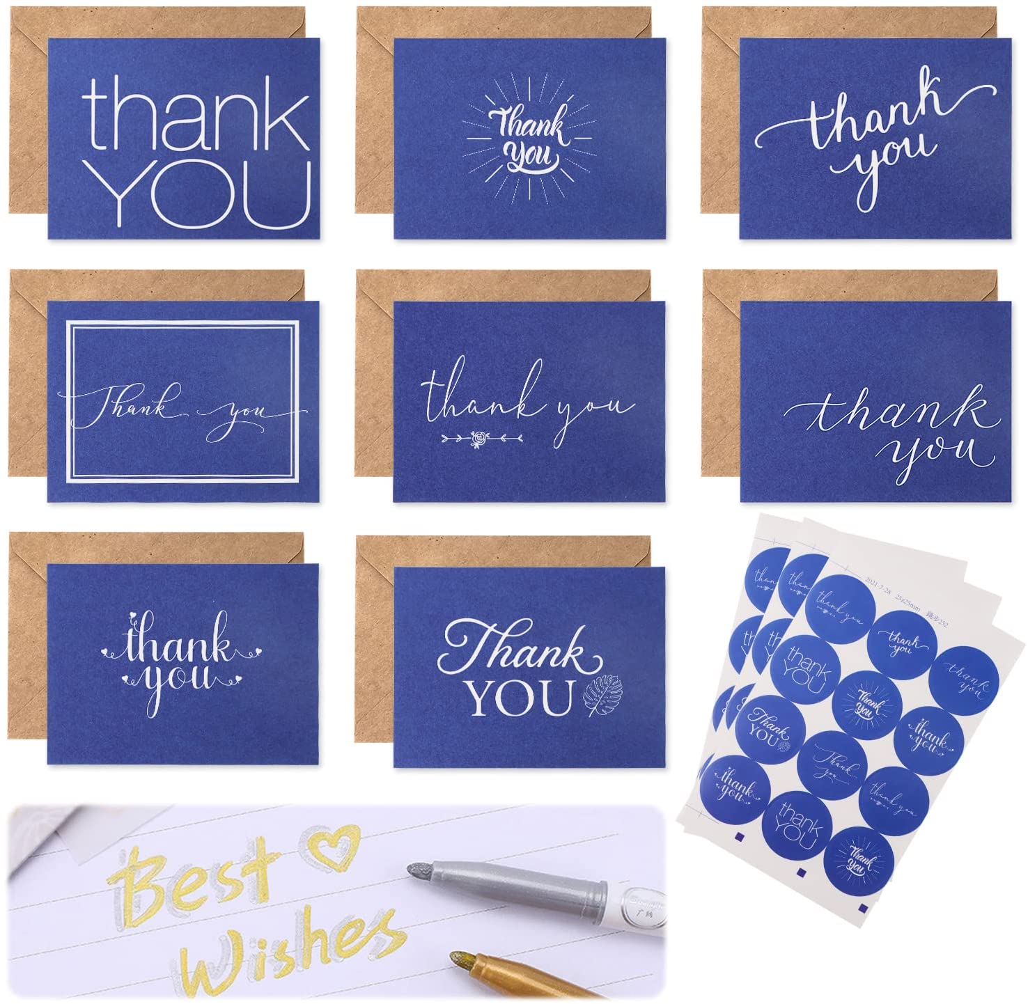 24 Pack Greetings Thank You Cards Set With Brown Kraft Style Envelopes 