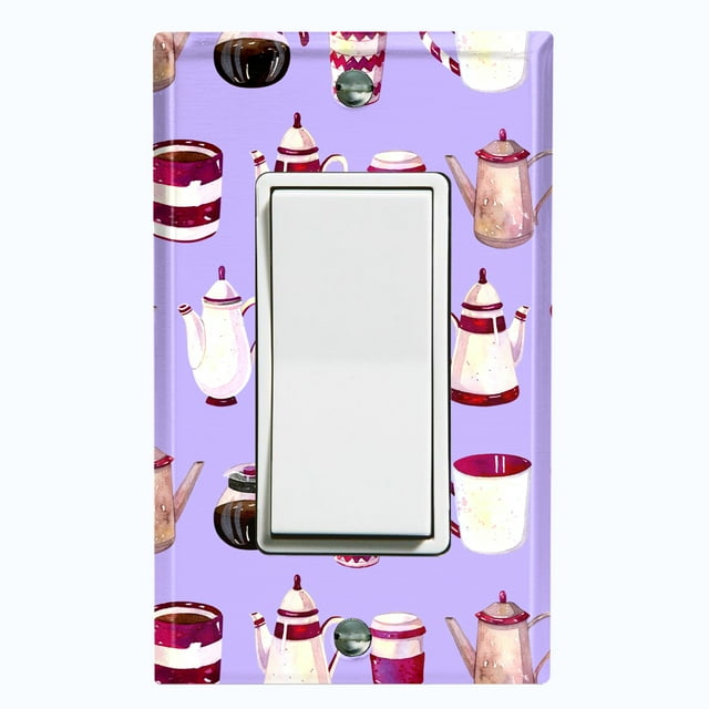 Metal Light Switch Wall Plate Outlet Cover (Coffee Mocha Espresso Tea Pot Kettle Maker Festive Cup Purple Pattern - Single Rocker)
