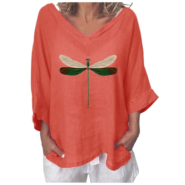 T-Shirt pour Femmes Col Rond en V Décontracté en Coton Chandail Hauts Libellules T-Shirt pour Dames Haut
