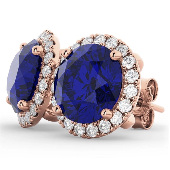 18k Rose Gold 4 Carat Round Created Halo Blue Sapphire Stud Earrings Women Plated by Paris Jewelry