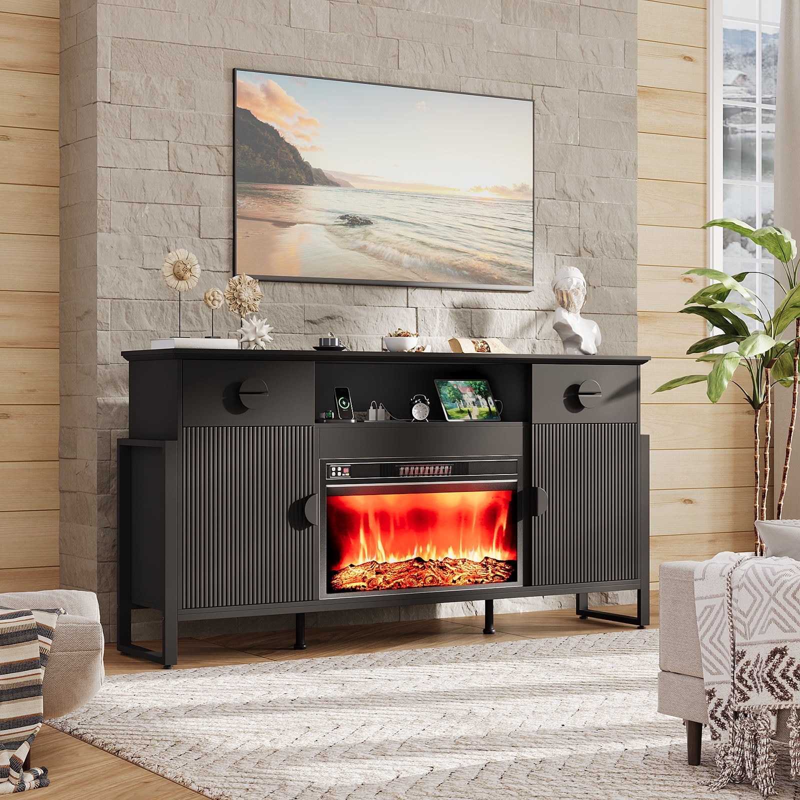 Holliwill 70" TV Stand for TVs up to 80" with 30" Electric Fireplace & Charging Station, Modern Fluted Entertainment Center with Drawers for Living Room, Black
