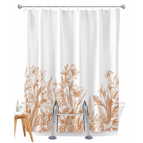 Split Shower Curtain for Transfer Bench, Wildflower Leaf Fabric Shower Curtains for Bathroom, Brown Floral Botanical White Watercolor Tub Sliding Transfer Bench Waterproof Bath Curtains 72"x96"