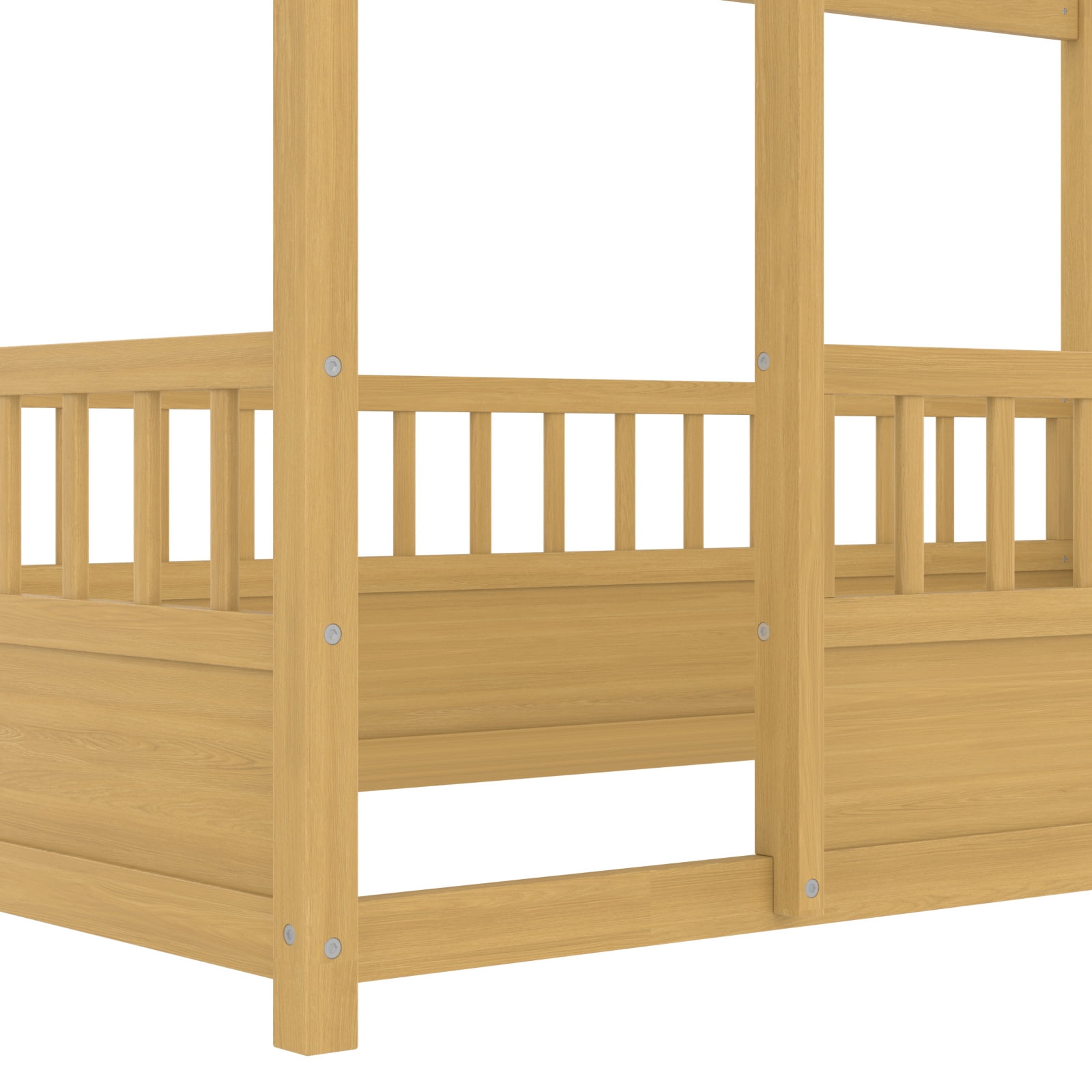 Twin Size Montessori Bed, Wooden Floor House Bed with 20" High Fence and Roof, Montessori Floor Beds Without Slats for Boys,Girls, Natural