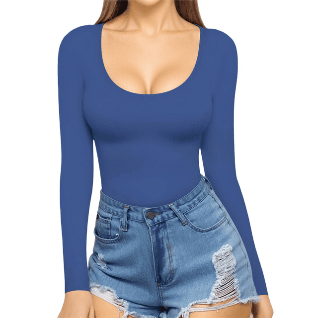 T-shirt Tunique Ajusté à Manches Longues à Encolure Dégagée pour Femmes Tee Bleu m