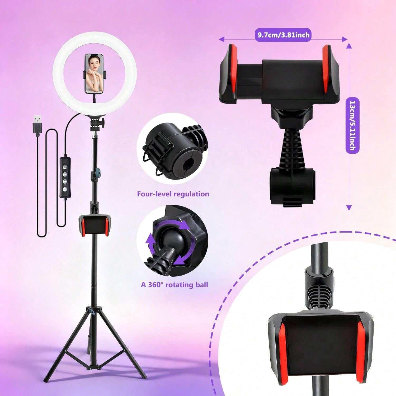 12'' Video Light with 63'' Extendable Tripod Stand - Ring Light with Phone Holder for Live Stream/Makeup/YouTube/TikTok - Compatible with All Phones - New Year's & Valentine's Day Party Lights
