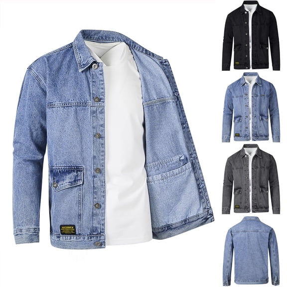 KeShDi Mens Fleece Jacket Men's Solid Color Denim Button Pocket Fashionable Long Sleeved Hooded Denim Jacket Gray 3X