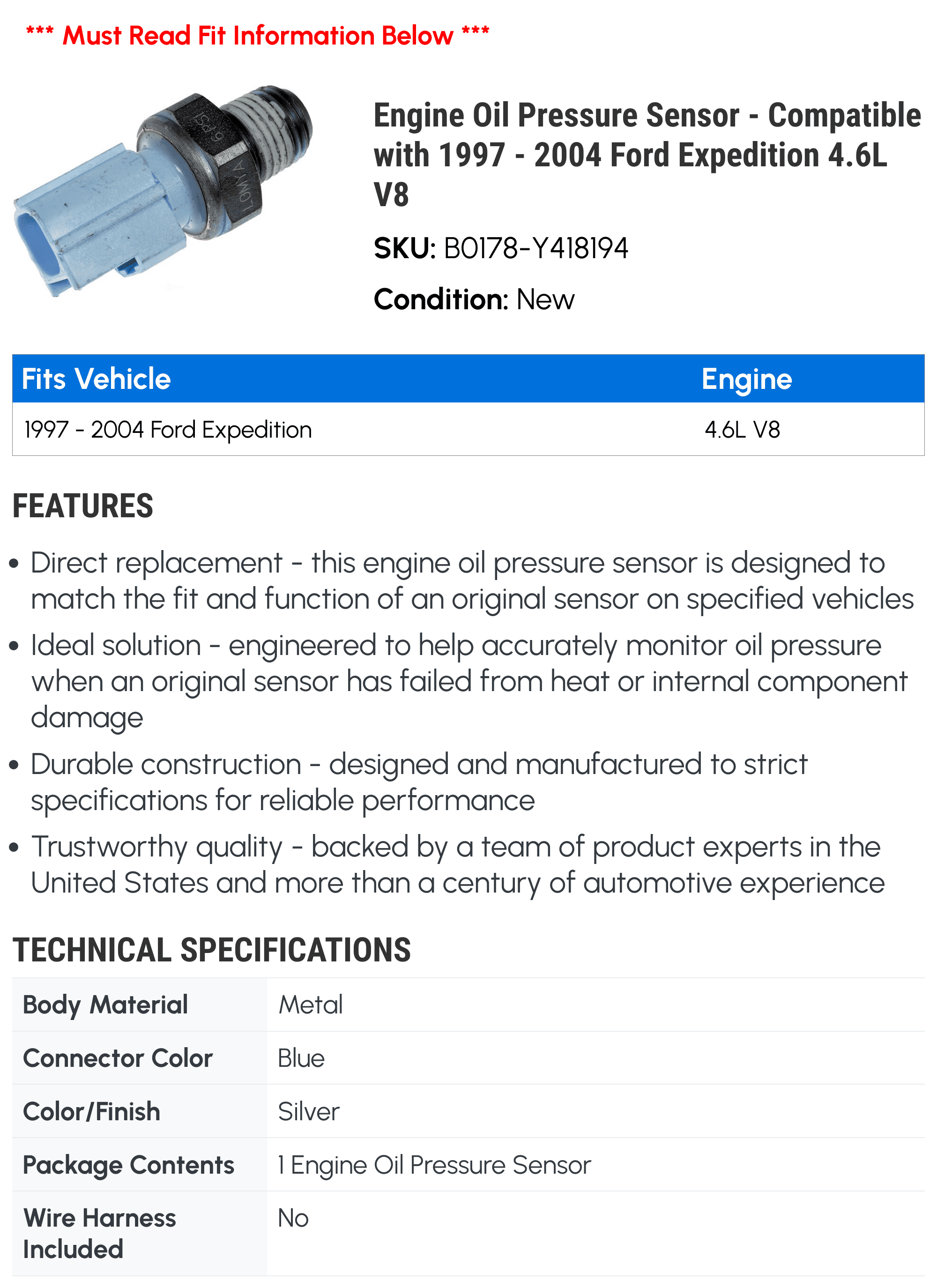 Engine Oil Pressure Sensor - Compatible with 1997 - 2004 Ford Expedition 4.6L V8 - Dorman