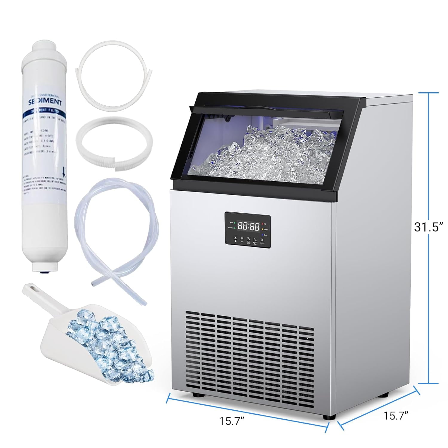 Self-Cleaning Commercial Ice Machine - 165LBS/24H Production, 132 Cubes per Cycle, Industrial Grade Stainless Steel with 12 Adjustable Thickness Settings
