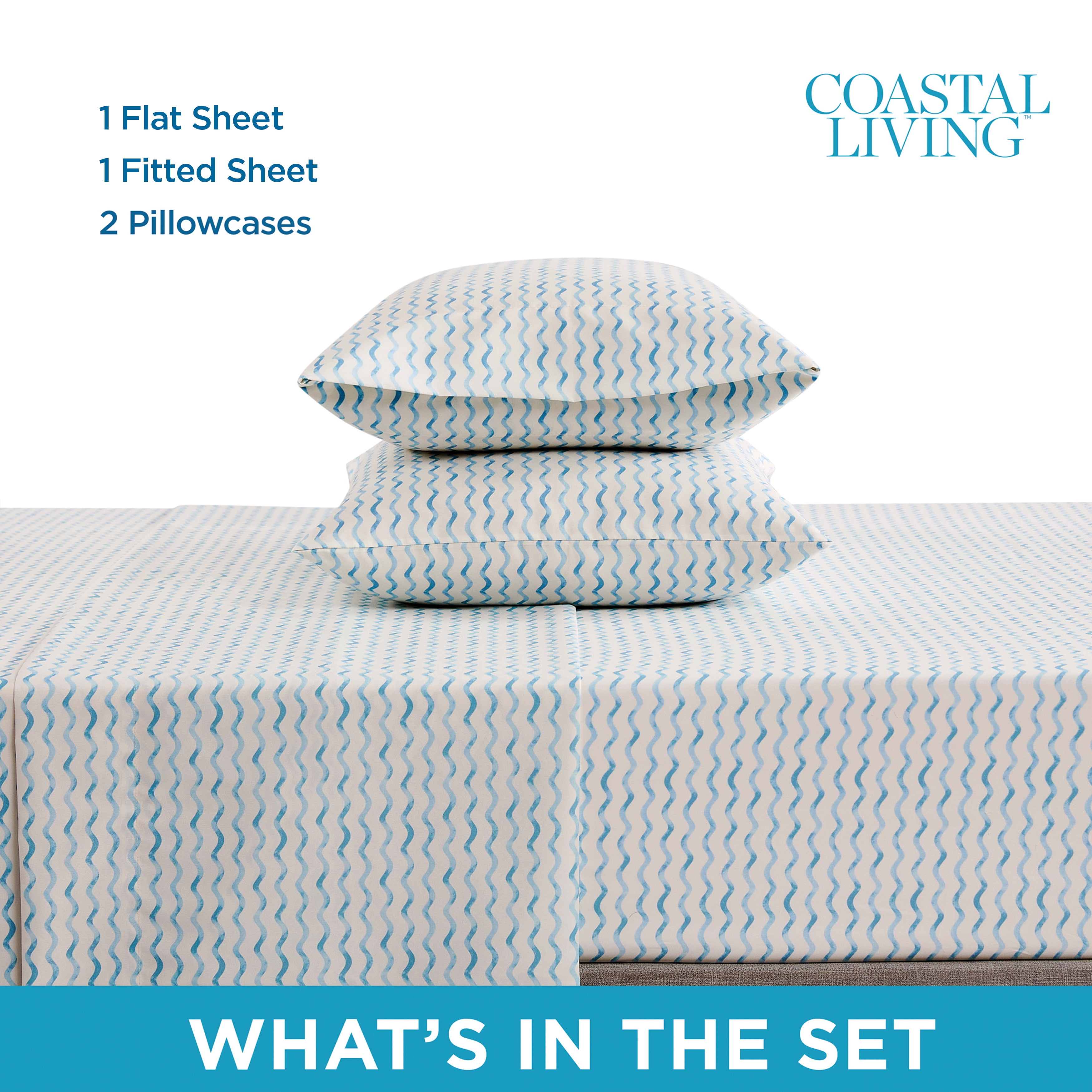 Coastal Living 4-Piece Blue Chevron Soft Brushed Microfiber Luxury Cooling Sheet Set, Queen