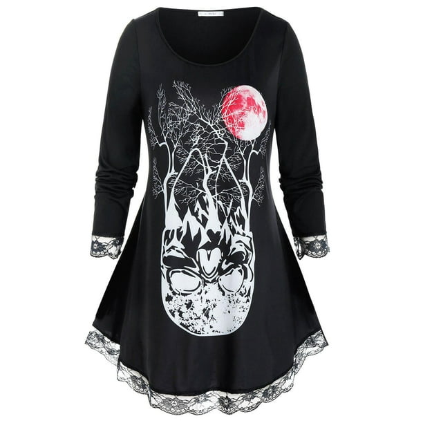 Más el tamaño de Halloween del dobladillo del cordón de manga larga Tee Rosegal Mangas largas de talla grande