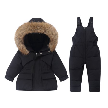 Snowsuits for Toddlers Kids 2 Piece Windproof Water Resistant Snow Suits Faux Fur Trim Hood Puffer Girl Boy Ski Set (1-2 Years Black #A)