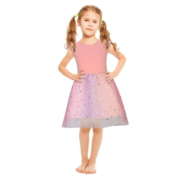 Little Girls Cute Tulle Dresses Sequins Ruffle Sleeveless Crewneck Toddlers Kids Color-Block Going-Out Vacation Mini Dress 1-6Y