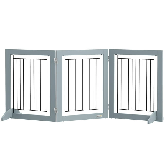 PawHut Freestanding Pet Gate, Folding Dog Gate with 2 Support Feet - Grey
