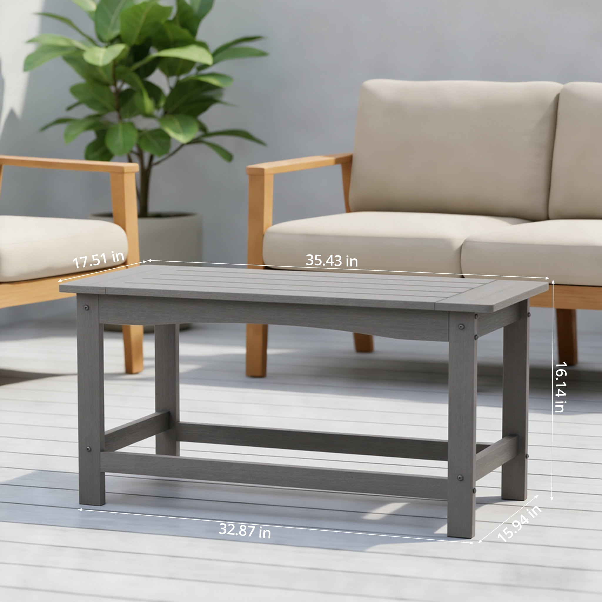 AwayHome 35" Rectangle HIPS Outdoor Coffee Table for Patio,All-Weather Small Outdoor Table for Deck Balcony Garden Porch Poolside,Gray
