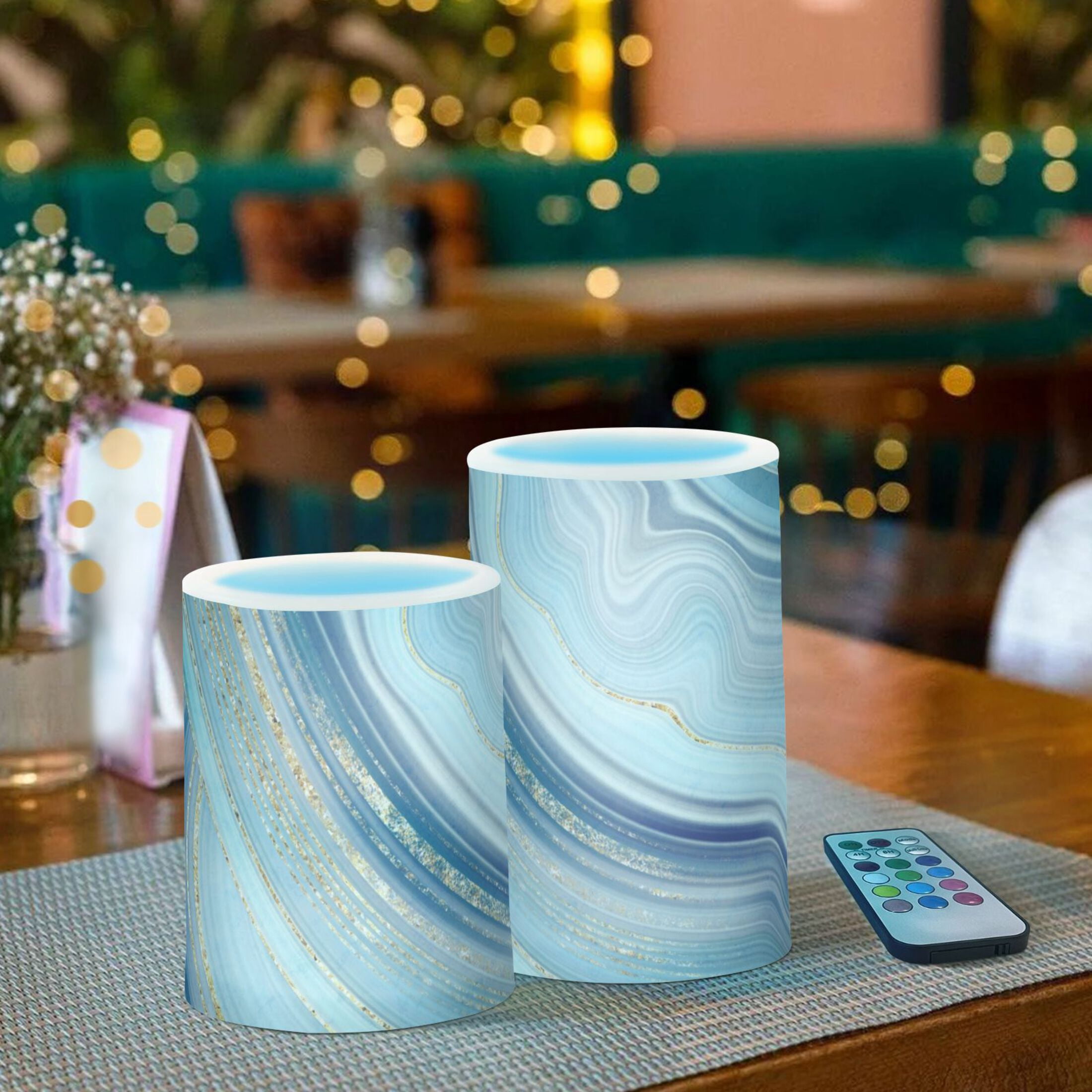 Blue and Gold Marble 2 PCS LED Flickering Flameless Candles with Remote Control Realistic 3D Wick LED Window Candles Sets for Wedding Table Home Decoration Gifts
