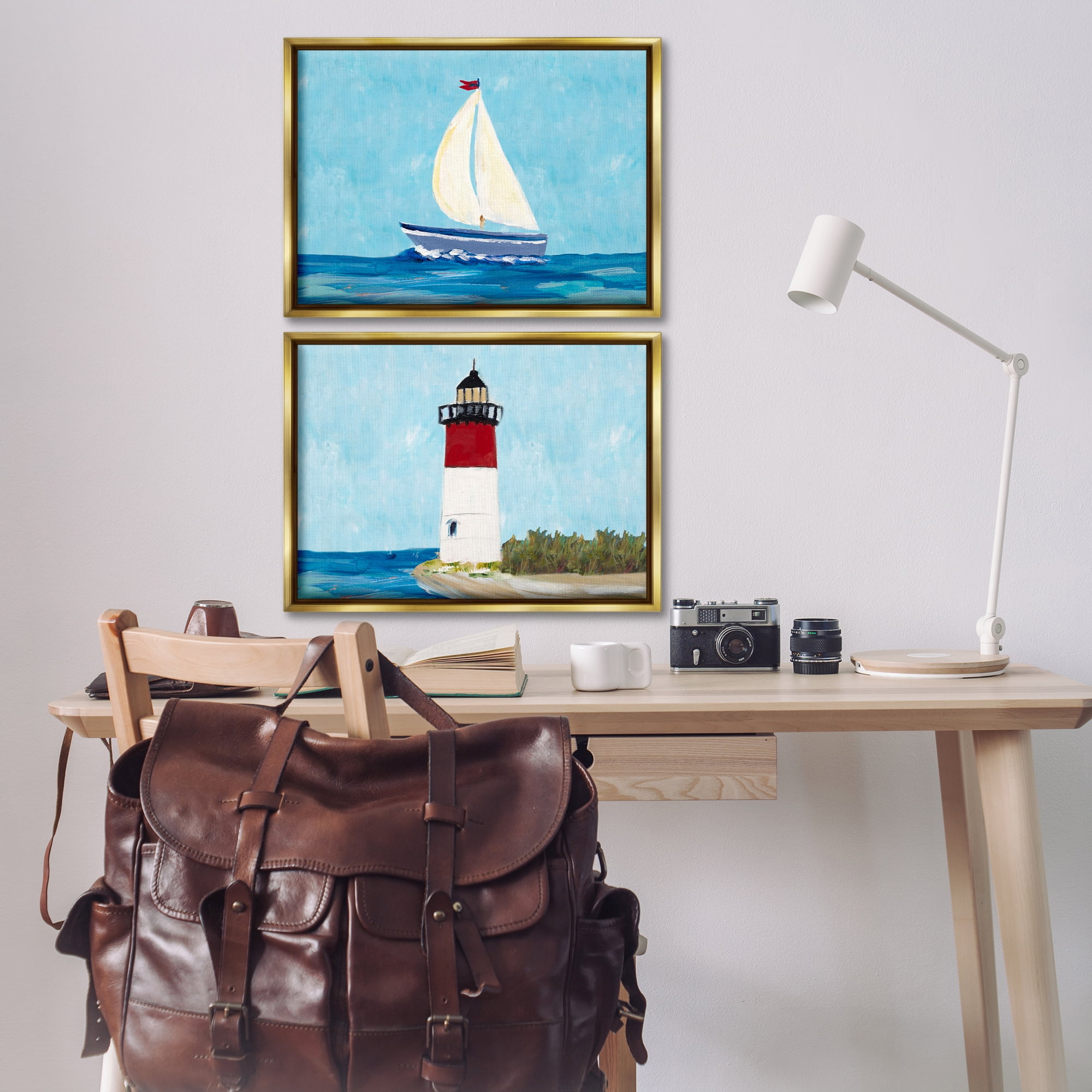 Stupell Industries Nautical Sail the Sea Lighthouse Nautical & Beach Painting Gold Floater Framed Canvas Art Print Wall Art, 25 x 17, Set of 2