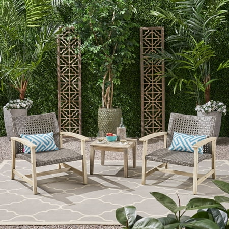 Camdyn Outdoor 3 Piece Wood and Wicker Club Chairs and Side Table Set Mixed Black