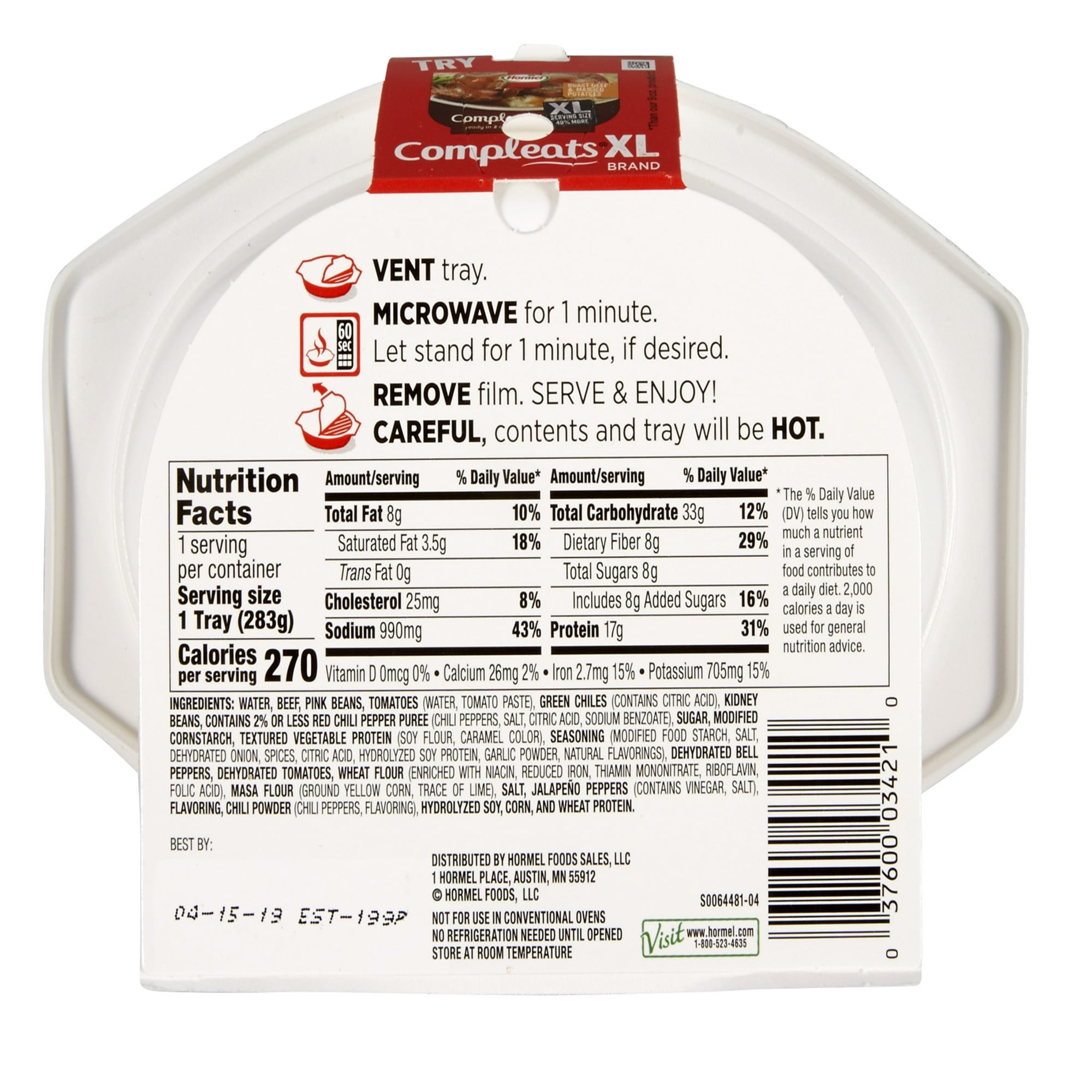 HORMEL COMPLEATS Chili w/Beans No Artificial Ingredients 10 oz Plastic Microwave Tray (Pack of 5)