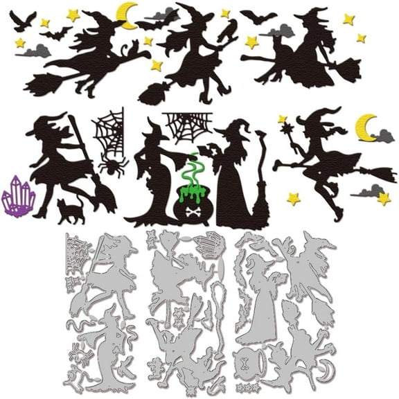 1 Set Witch Broomstick Silhouette Cutting Dies for DIY Scrapbooking Metal Witch Festival Cut Dies Black Cat Bat Die Cuts for Card Making Embossing Photo Album Craft Decor