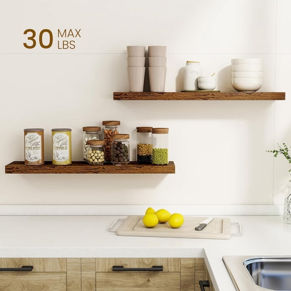 30Inch Floating Shelves for Wall, Rustic Wooden Floating Shelves for Bathroom|Bedroom|Kitchen, 2 Pack Deep Wall Mounted Book Shelf, Wood Storage Display Shelf for Home Decor, Brown