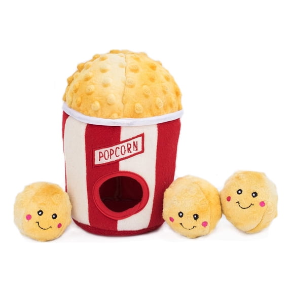 ZippyPaws Food Buddies Burrow, Interactive Squeaky Hide and Seek Plush Dog Toy - Popcorn Bucket