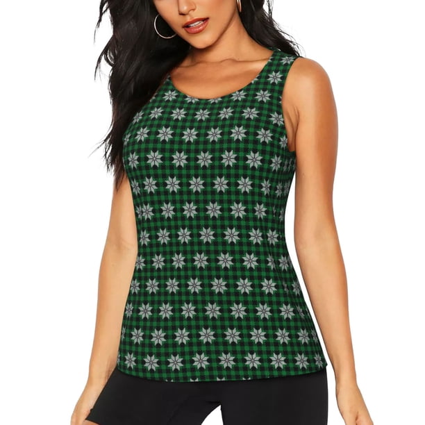 Fotbe Green Buffalo Plaid Merry Christmas Blusas Sin Mangas para Mujer – Estilo Casual, Corte Suelto, Slim-Fit, Cuello Redondo Deportivo, Tops de Verano para Gimnasio y Yoga-Medium