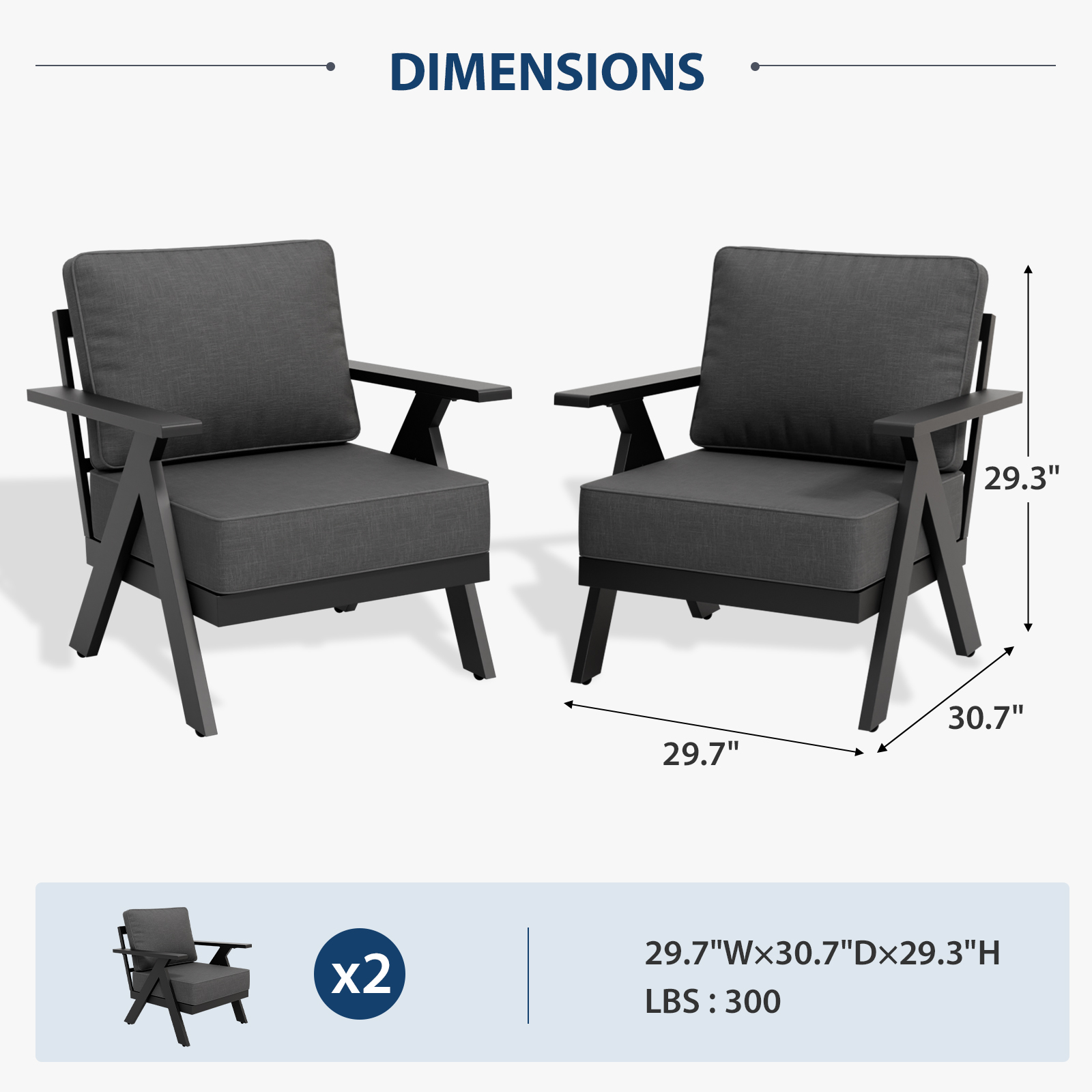 INTER HUT Urban Anvil 2 Pieces Patio Furniture Outdoor Metal Armchairs, All-Weather Patio Accent Chairs with Cushions, Black/Gray
