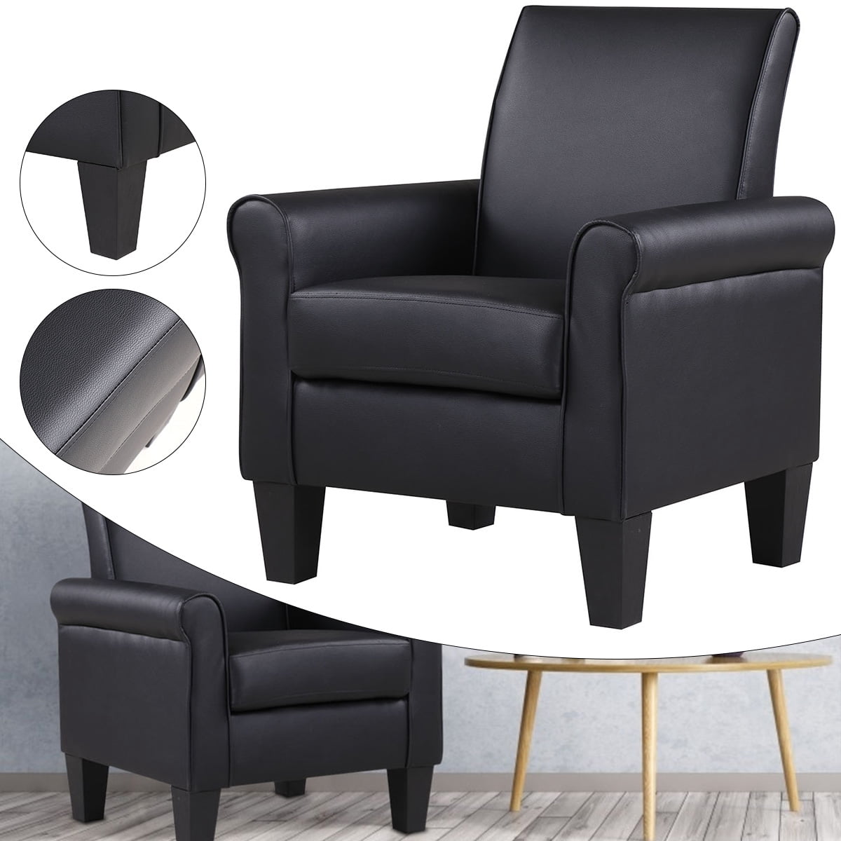 Lohoms Modern PU Faux Leather Accent Armchair Accent Arm Club Chair, Black