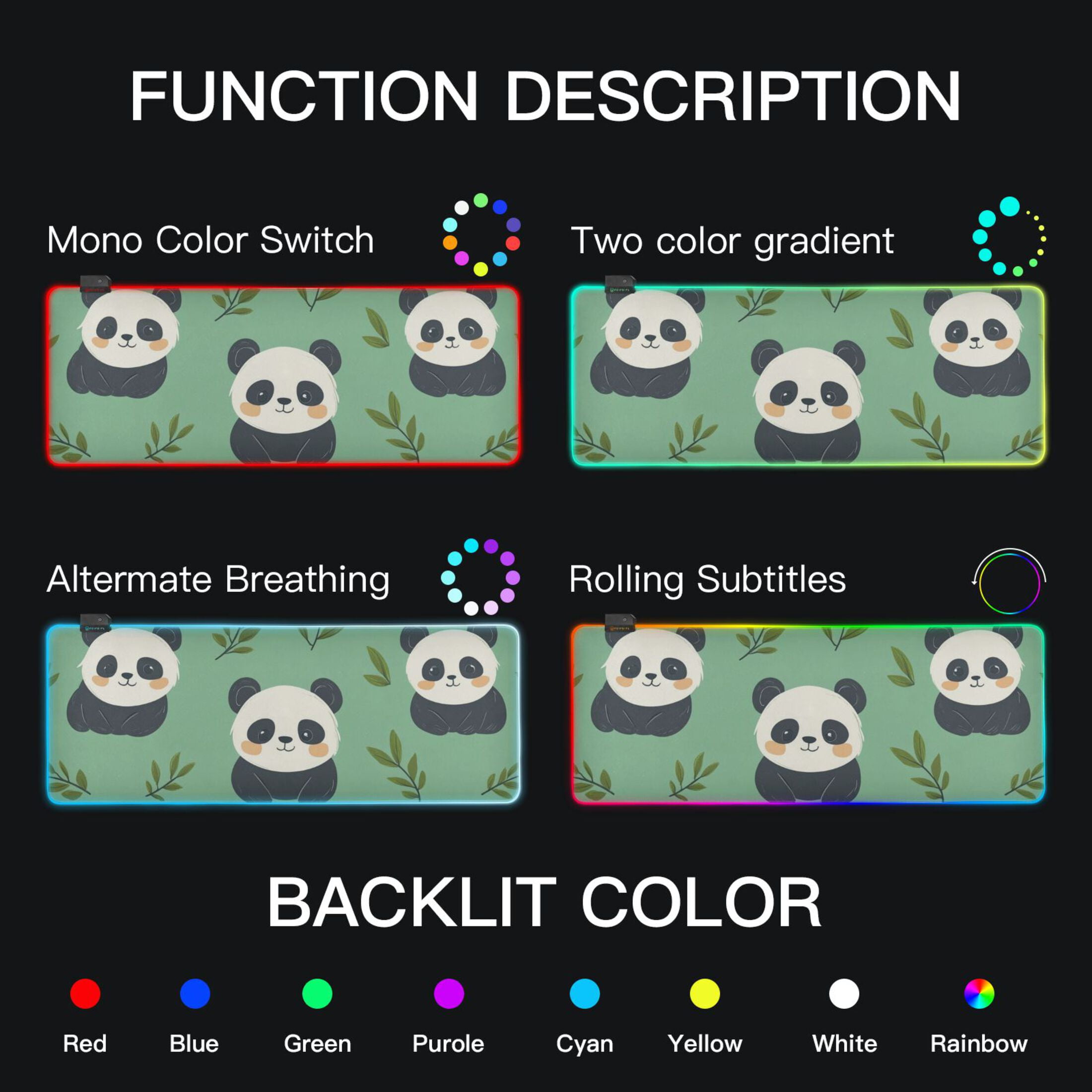 Cartoon Cute Panda RGB Gaming Mouse Pad Large Keyboard Mat Rubber Base 13 Light Modes