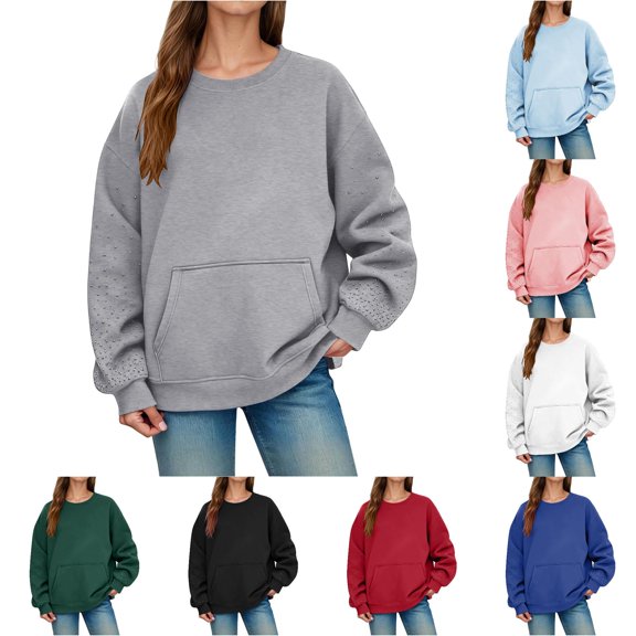 Daznico Women Crewneck Sweatshirt Rhinestone Studded Long Sleeve Pullover with Kangaroo Pocket Loose Fit Outerwear for Autumn Winter Wear,M